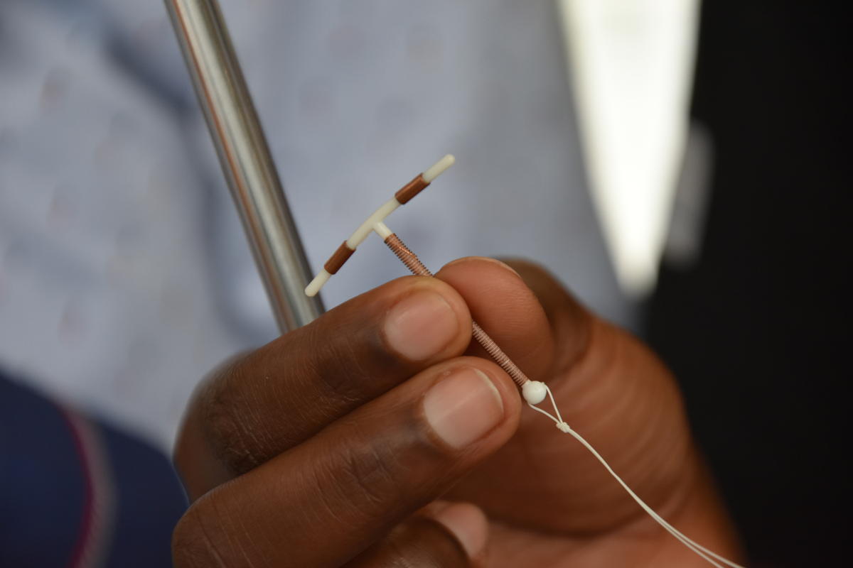 An intrauterine device (IUD) on display in Uganda.