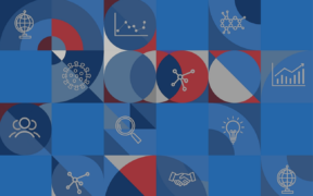 Grafik latar belakang untuk persidangan GHTechX dengan ikon berkaitan kesihatan global seperti glob, plot berselerak, coronavirus, sekumpulan manusia, dan kaca pembesar