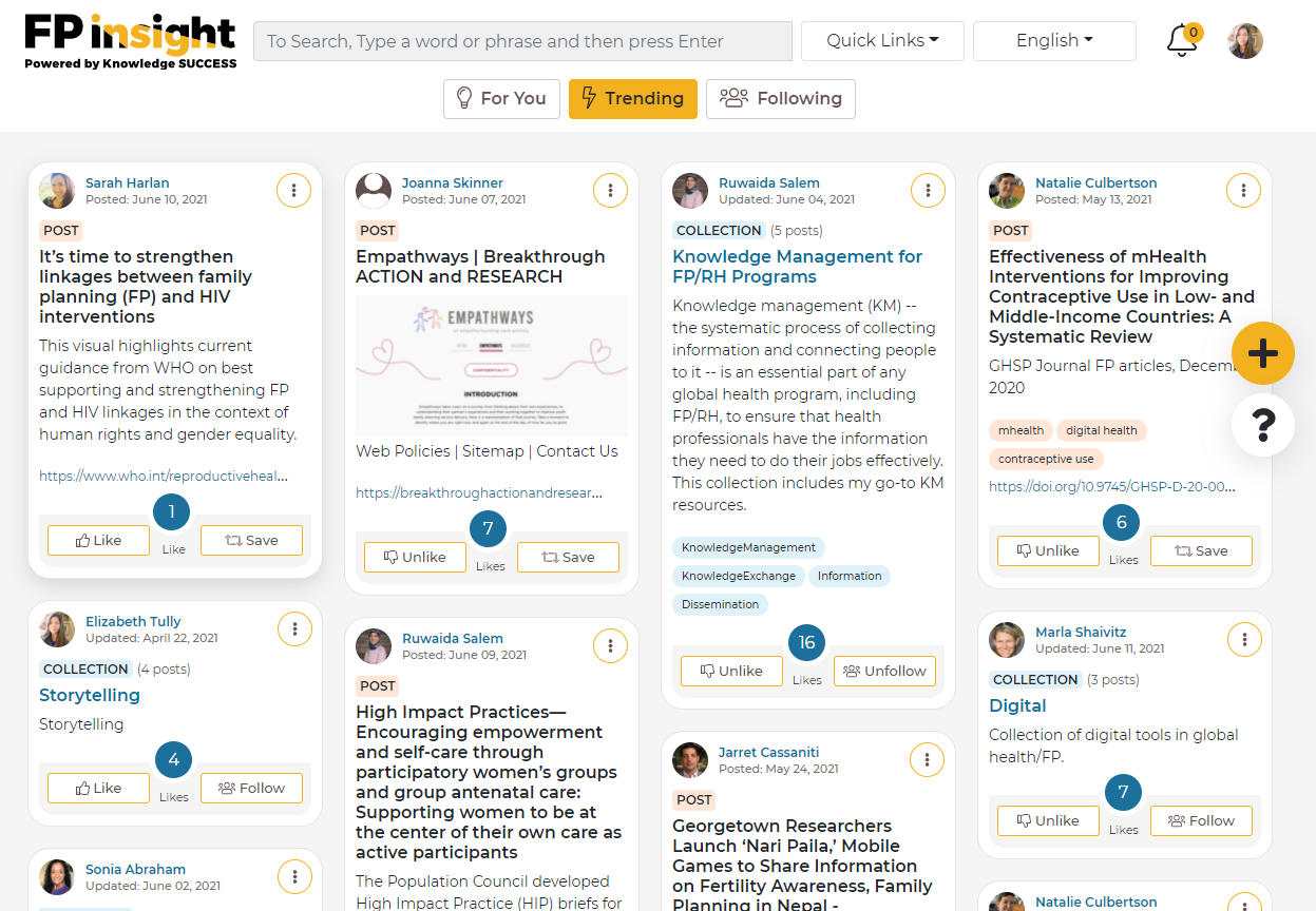 A screenshot of FP insight's "Trending" feed, showing recent posts from the FP insight community