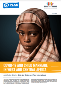 Girls Not Brides policy brief cover. A young African girl in a plaid head covering looks out at the viewer. Her gaze is piercing, her face vulnerable and unsmiling. 
