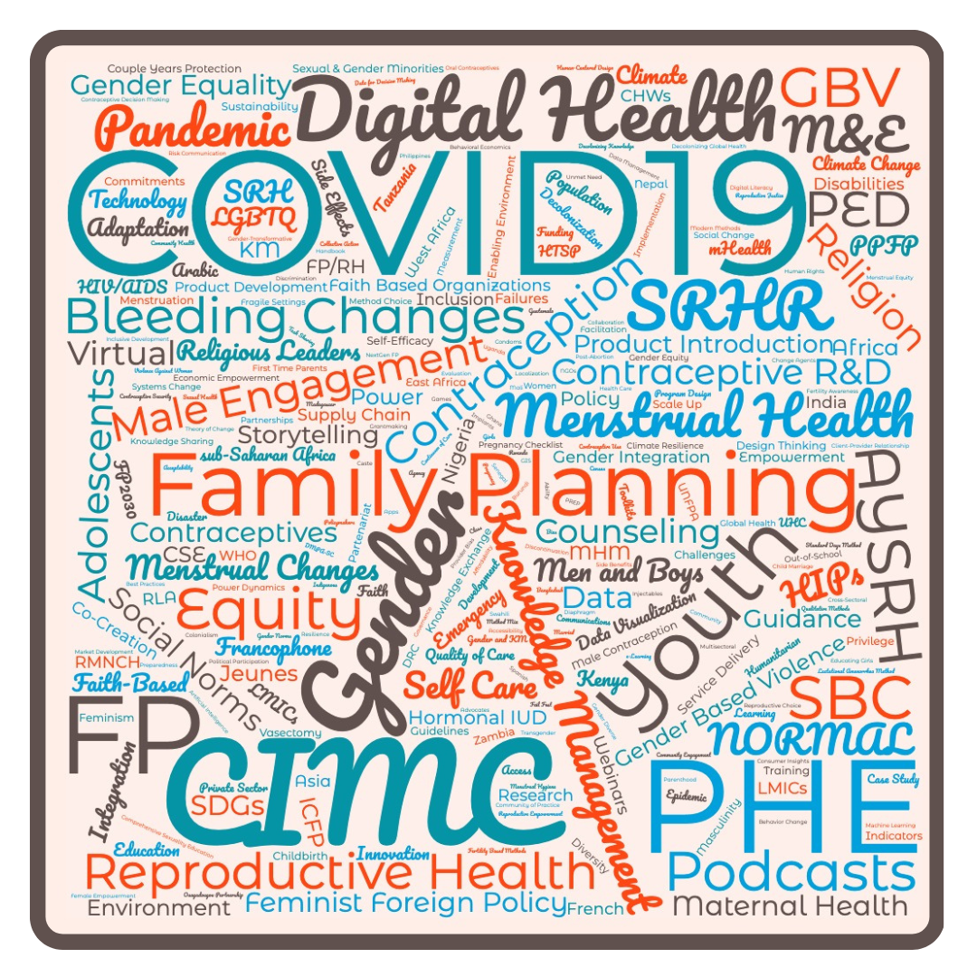FP insight word cloud with the platform's trending topics highlighted. Topics include: COVID-19, CIMC, PHE, family planning, FP, gender, and digital health.