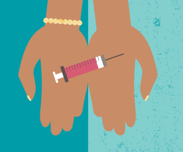Illustration of hands holding an injectable