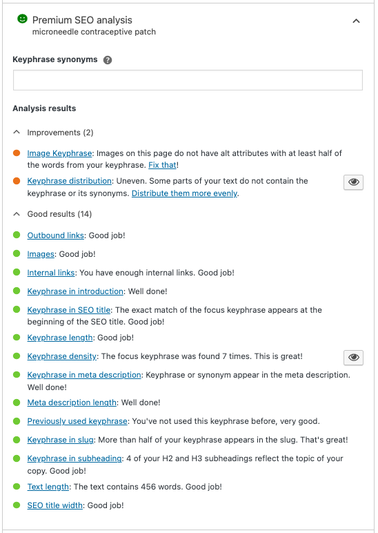 Screenshot of Yoast SEO's analysis of a blog post