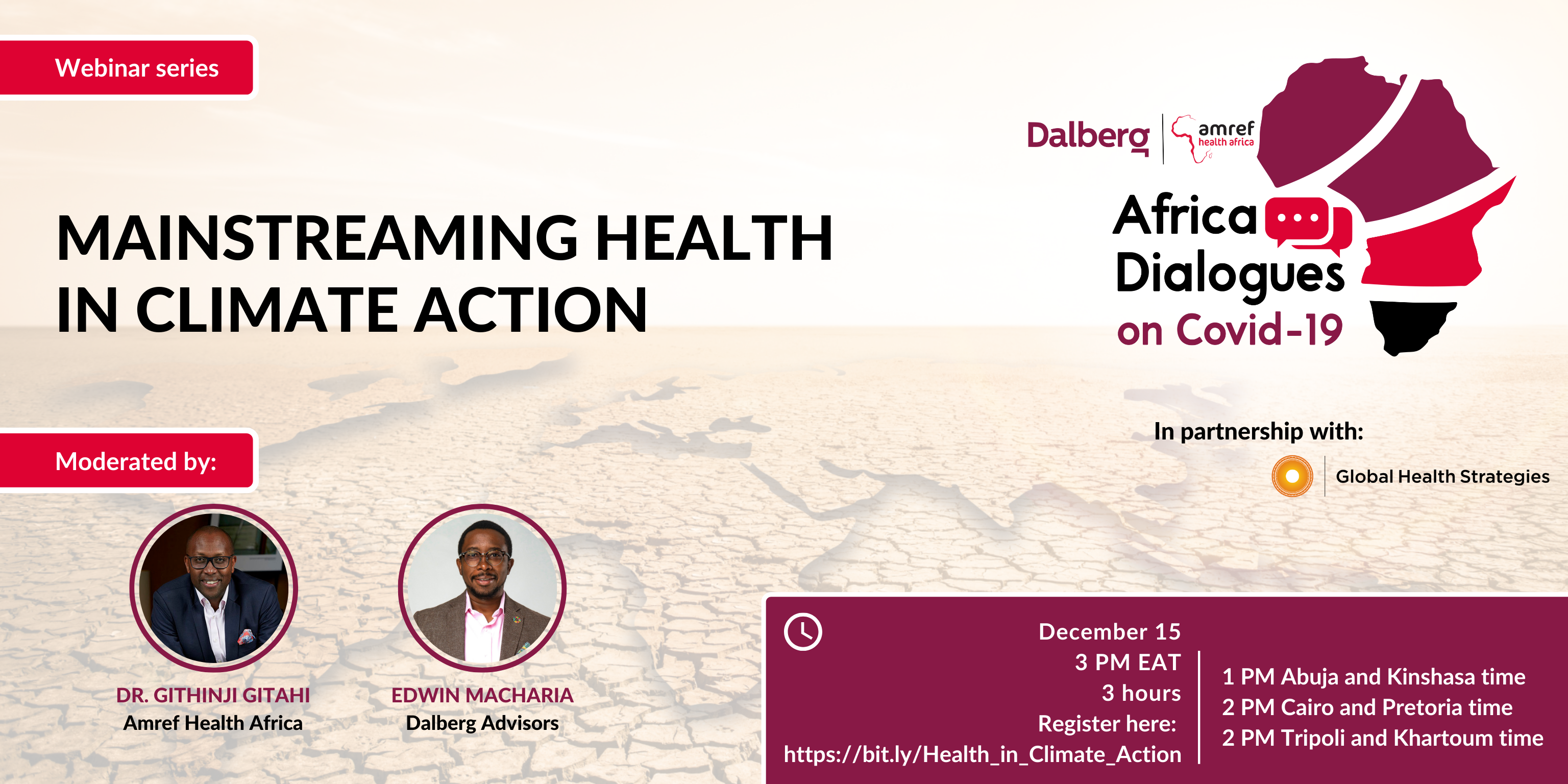 Promo for the webinar series "Mainstreaming Health in Climate Action." The event will be December 15 at 3 PM East Africa Time (EAT)