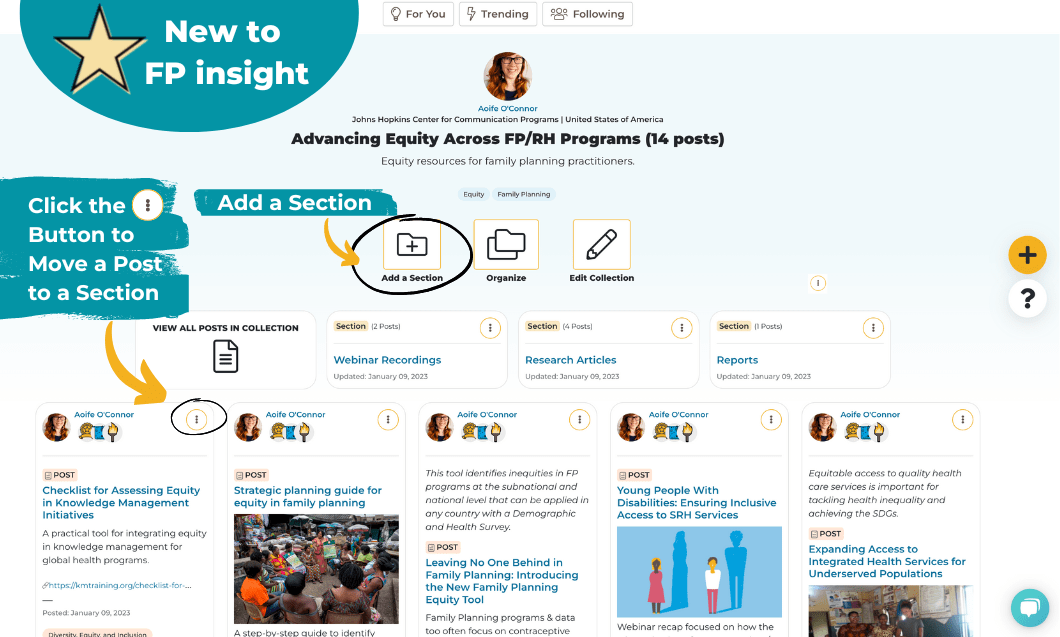 A screenshot of FP insight showing new features. There is an arrow pointing to a folder icon with a plus symbol. The text pointing there reads: "Add a Section." There is another circle around an icon with three dots. The text reads: "Click this button to move a post to a section"