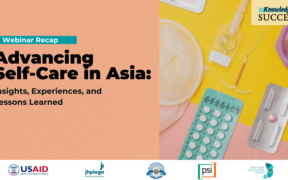 A powerpoint presentation intro slide that has pictures of contraceptives and the presentation title, which is "Advancing Self-Care in Asia: Insights, Experiences, and Lessons Learned"