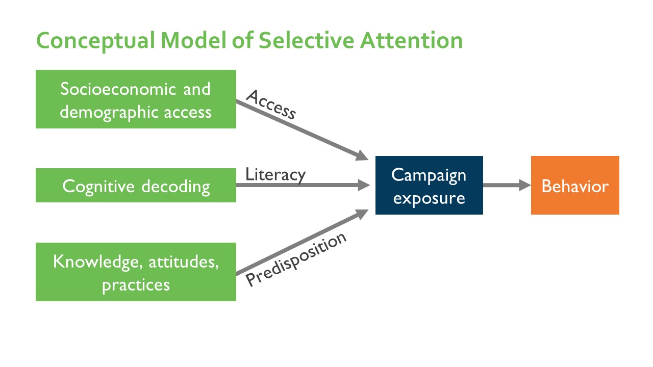 An infographic titled "Conceptual Model of Selective Attention". There are three boxes stacked on top of each other on the left-hand side with an arrow pointing to the center of the infographic. The text inside the first box read "socioeconomic and demographic access" and the arrow is labeled "Access". The text inside the second box read "cognitive decoding" and the arrow is labeled "Literacy". The text inside the third box read "knowledge, attitudes, practices" and the arrow is labeled "Predisposition". The box in the middle that the three aforementioned arrows are pointing to is labeled "Campaign exposure". That box then points to another box to the right labeled "Behavior".