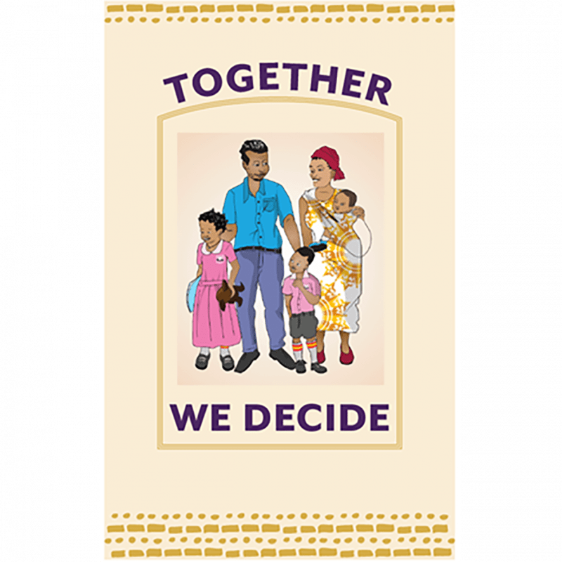 One side of the card that depicts a family and has the text "Together we decide."
