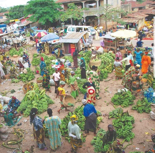 Kenyan people at an outdoor market with multiple piles of green bananas on the ground. Photo Credit: Daniel Abonyo.