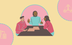 animated group of professionals in a discussion surrounding a table